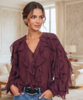 Comprar blusa social feminina vinho manga longa com babados em tecido leve e transparente para looks elegantes no trabalho ou eventos sociais barato ZARA